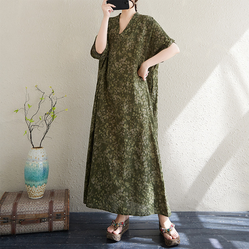 Linen Dress Wrap - Sommerliches, lockeres Baumwoll-Leinen-Kleid mit V-Ausschnitt, langer