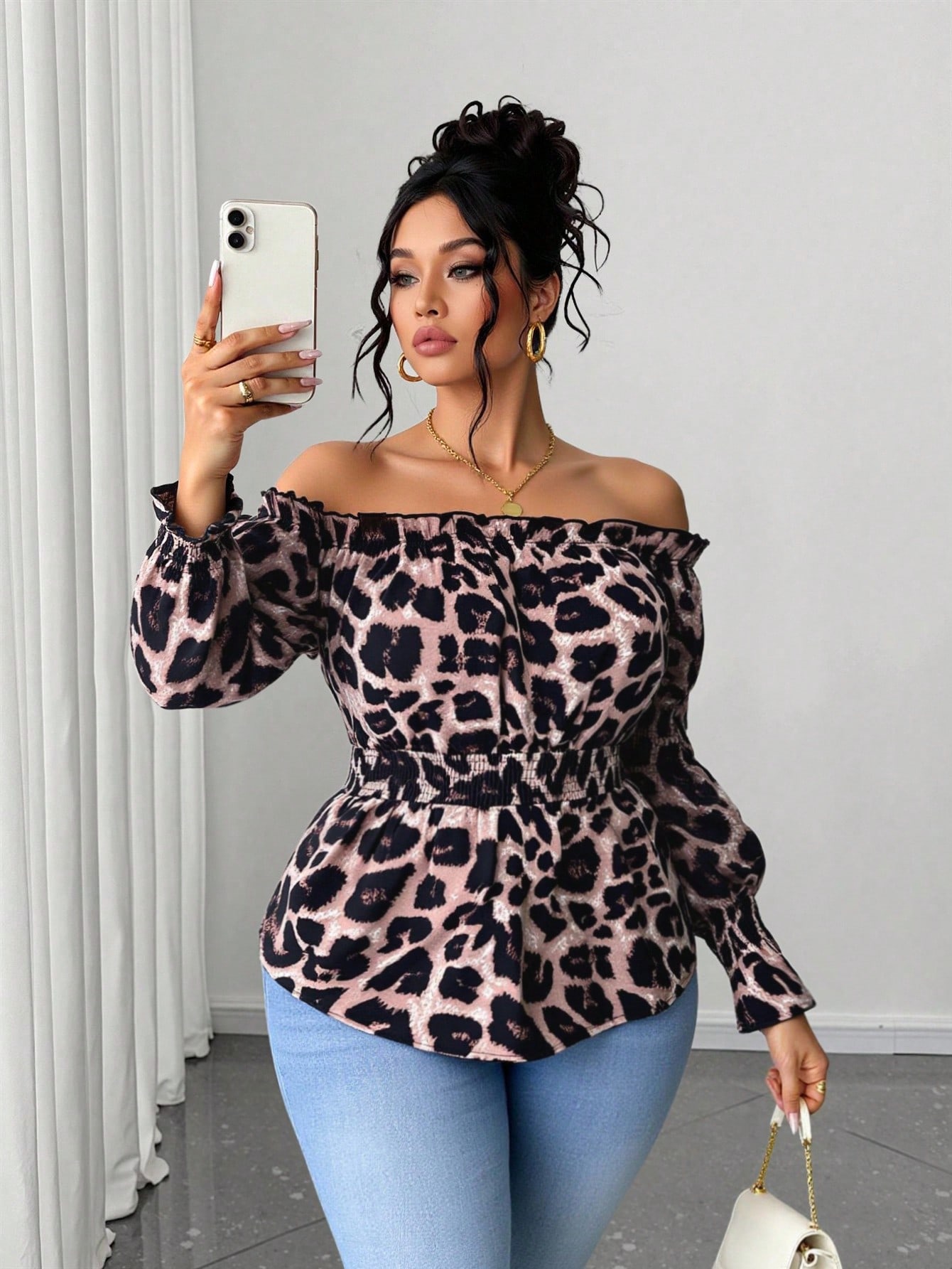 Blouse Off Shoulder - Plus-Size Damen Bluse mit Leopardenmuster, Rüschen,