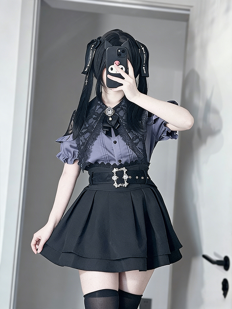 Blouse Off Shoulder - Gothic-Stil Schulterfreies Hemd und Hochtaillierter Rock